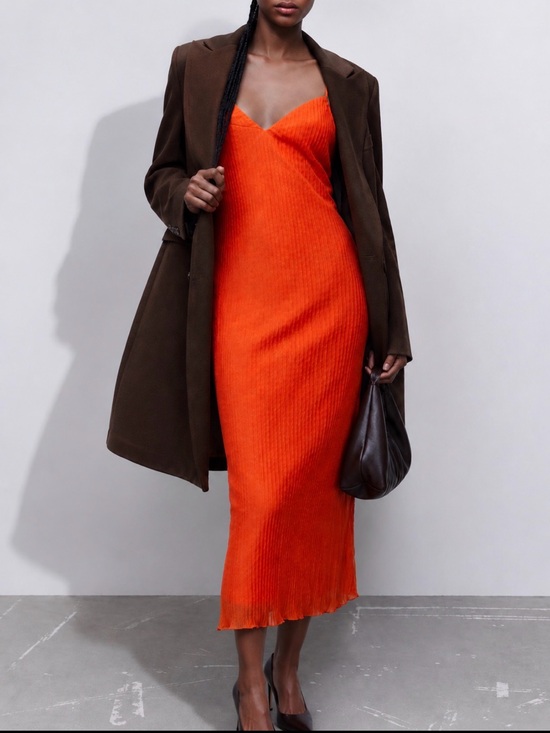 Zara Dresses & Skirts - ZARA Orange Pleated Ribbed Chiffon Midi Dress Size S NWT